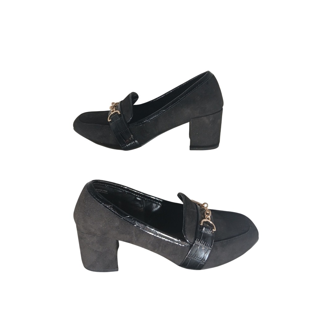 Karen Scott Qwynn Block Heel Loafers 9M Black Faux Suede Chain Link Office Chic